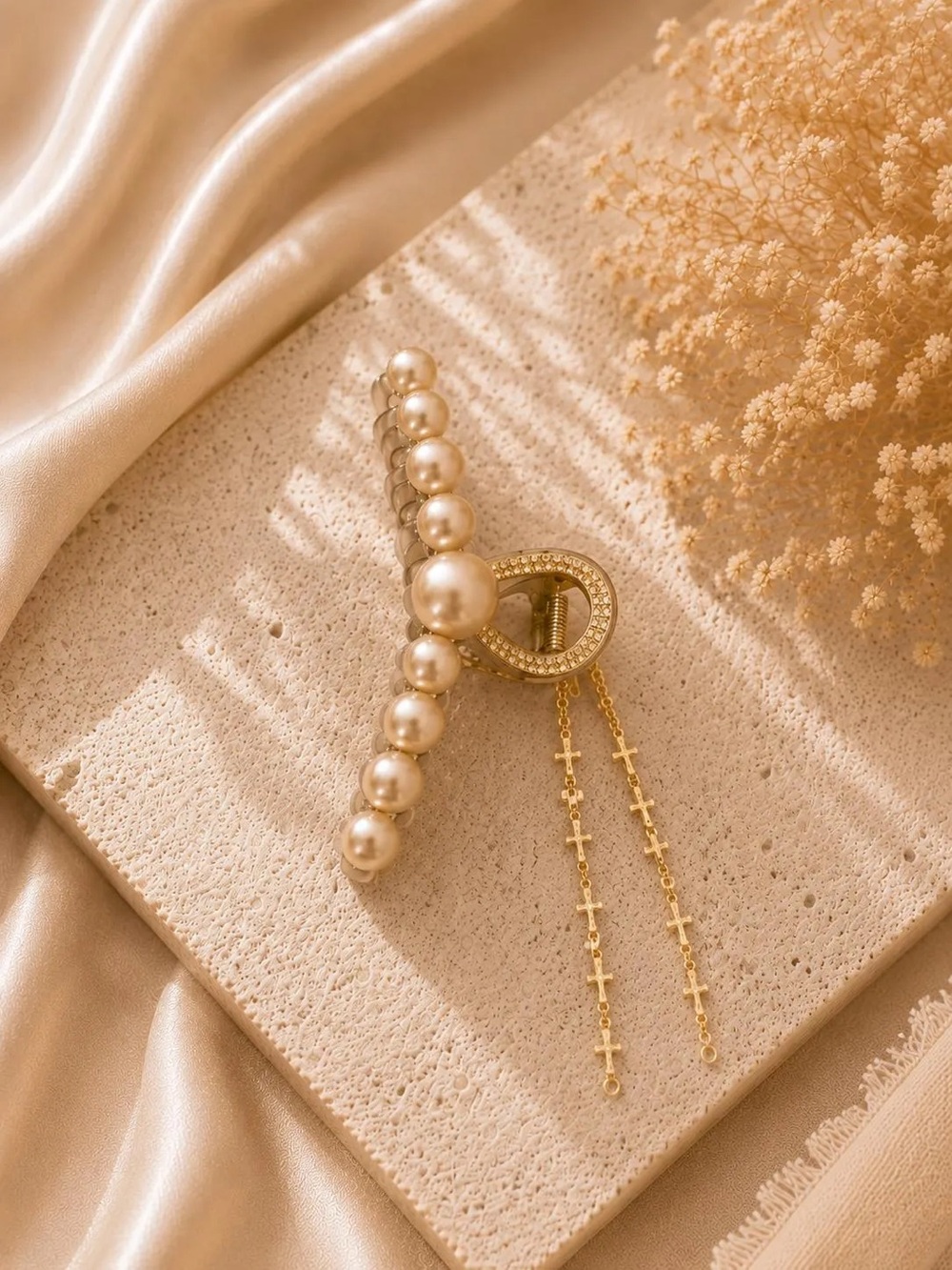 Gold Pearl Hair Clip with Dangle Cross Chains